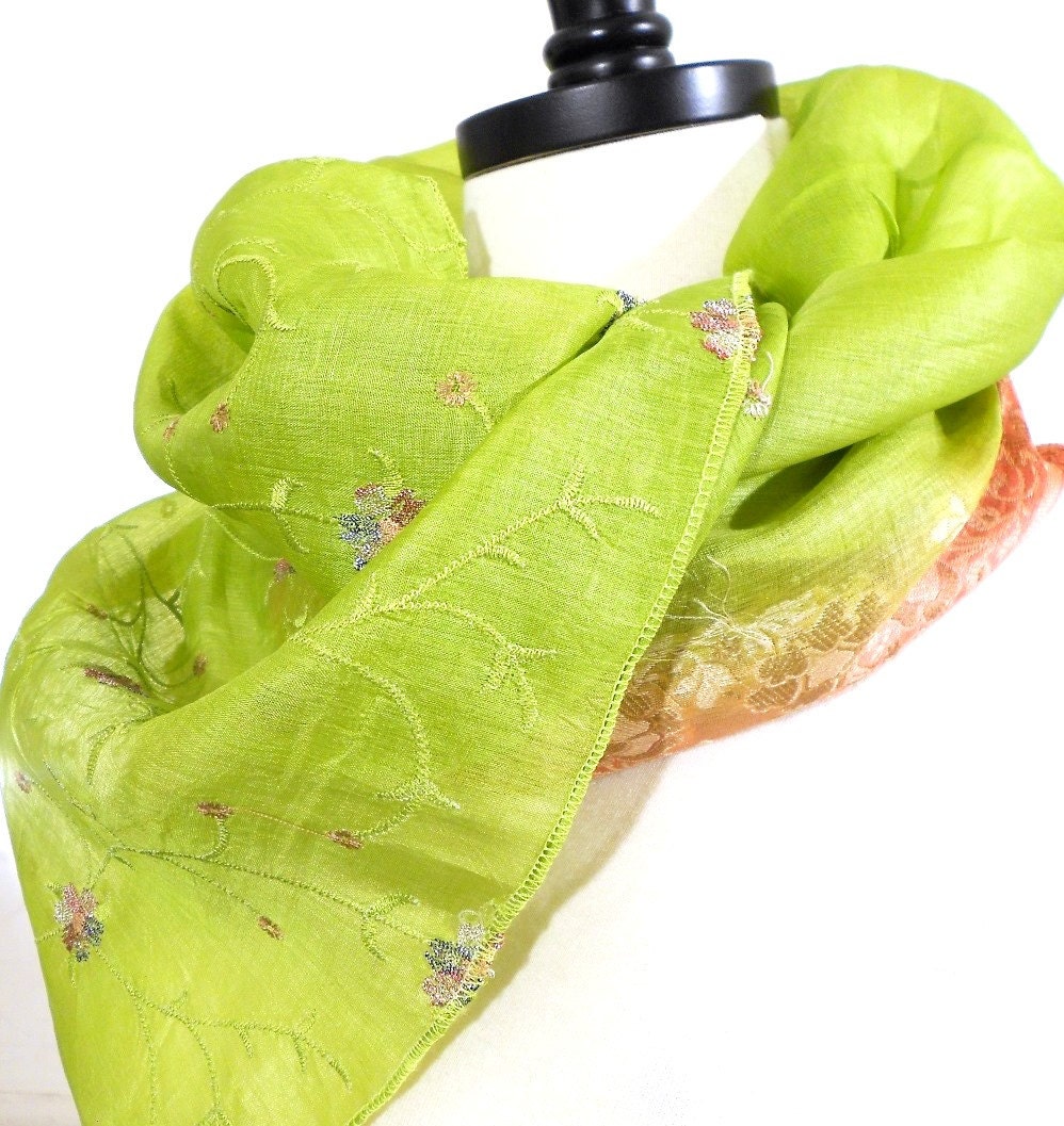 Green Silk Scarf, Chartreuse Scarf, Silk Sari, Wedding Shawl, Formal Wrap