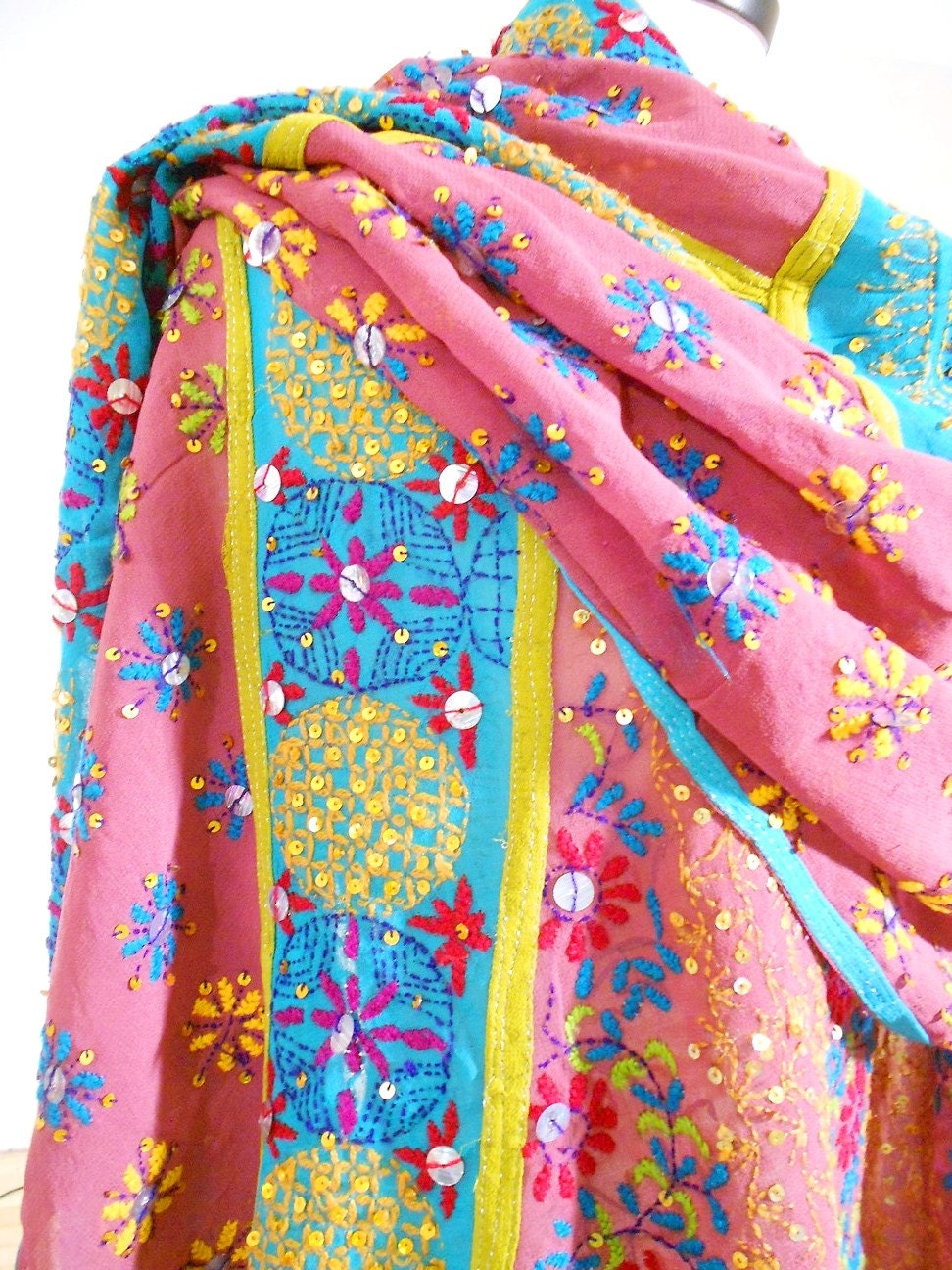 Large Embroidered Shawl, Silk Sarong, Gypsy Shawl, Silk Cover up, Silk Chiffon Pareo, Indian Sari Scarf, Large Scarves