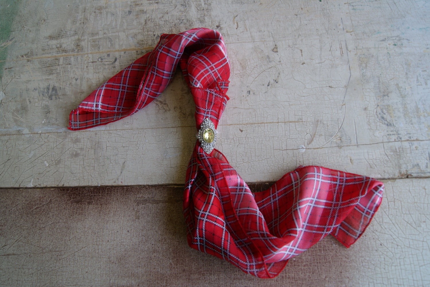 Vintage Lot Featuring A Red Plaid Head Scarf And A Clear Rhinestone Ring With Yellow Center Stone And Adjustable Band