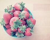Strawberries Photo 5x7 Food Photography Soft Dreamy Still Life Kitchen Decor Red Green Pink Cottage Chic Minimalist Decor