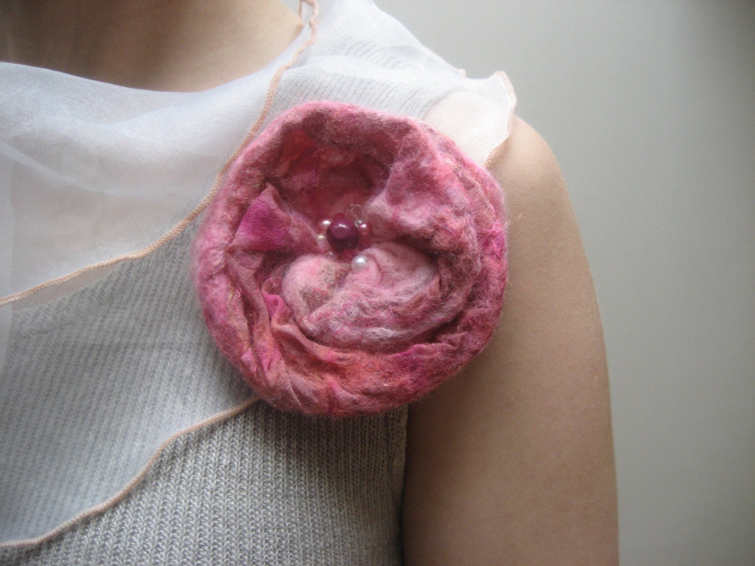 Felt Pink Orange Rose Flower Brooch Pin, Nuno Felted Wool Silk