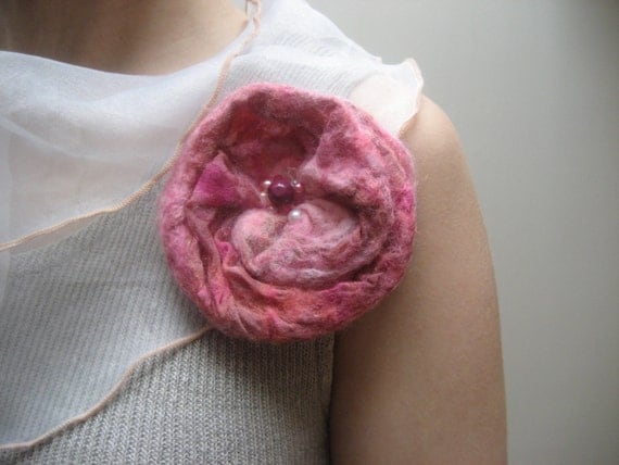 Felt Pink Orange Rose Flower Brooch Pin, Nuno Felted Wool Silk