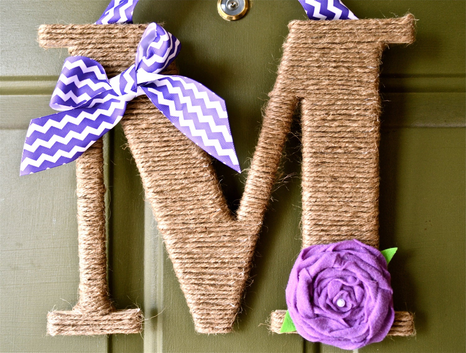 Twine Monogram Wreath with handcrafted felt flowers and chevron ribbon for hanging
