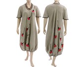 Artistic linen dress, balloony shape, gathered hem / lagenlook for plus size women very large XXL / dark nature with poppy flowers