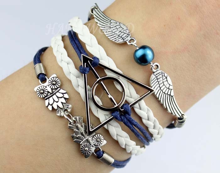 Harry potter,Harry Potter Snitch and Owls Charm Bracelet,navy blue rope and Leather Braided Bracelet-Personalized, Friendship gift-N1244