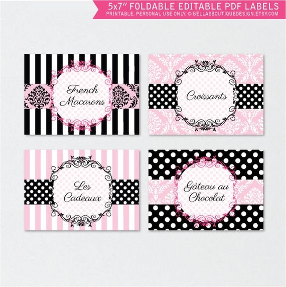 INSTANT DOWNLOAD - First Class Passport to Paris, Printable, Editable PDF Labels, Party Decor, pink, black, damask, polkadots, stripes Il_570xn