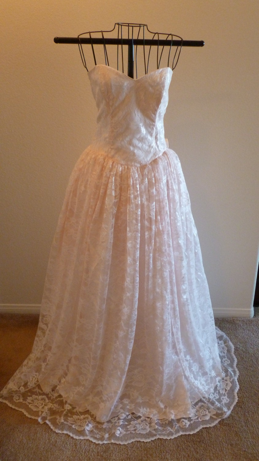 Vintage Gunne Sax Jessica McClintock Strapless Pink Lace Full Length Bridal Prom Dress Gown
