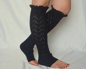 Machine knit black lace leg warmers with cotton lace trim and buttons birthday gifts over the knee socks boot socks