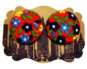 Button Post Earrings, Vintage Fabric, Red Blue, Handmade Jewelry and Accessories, Round, Hypoallergenic Posts