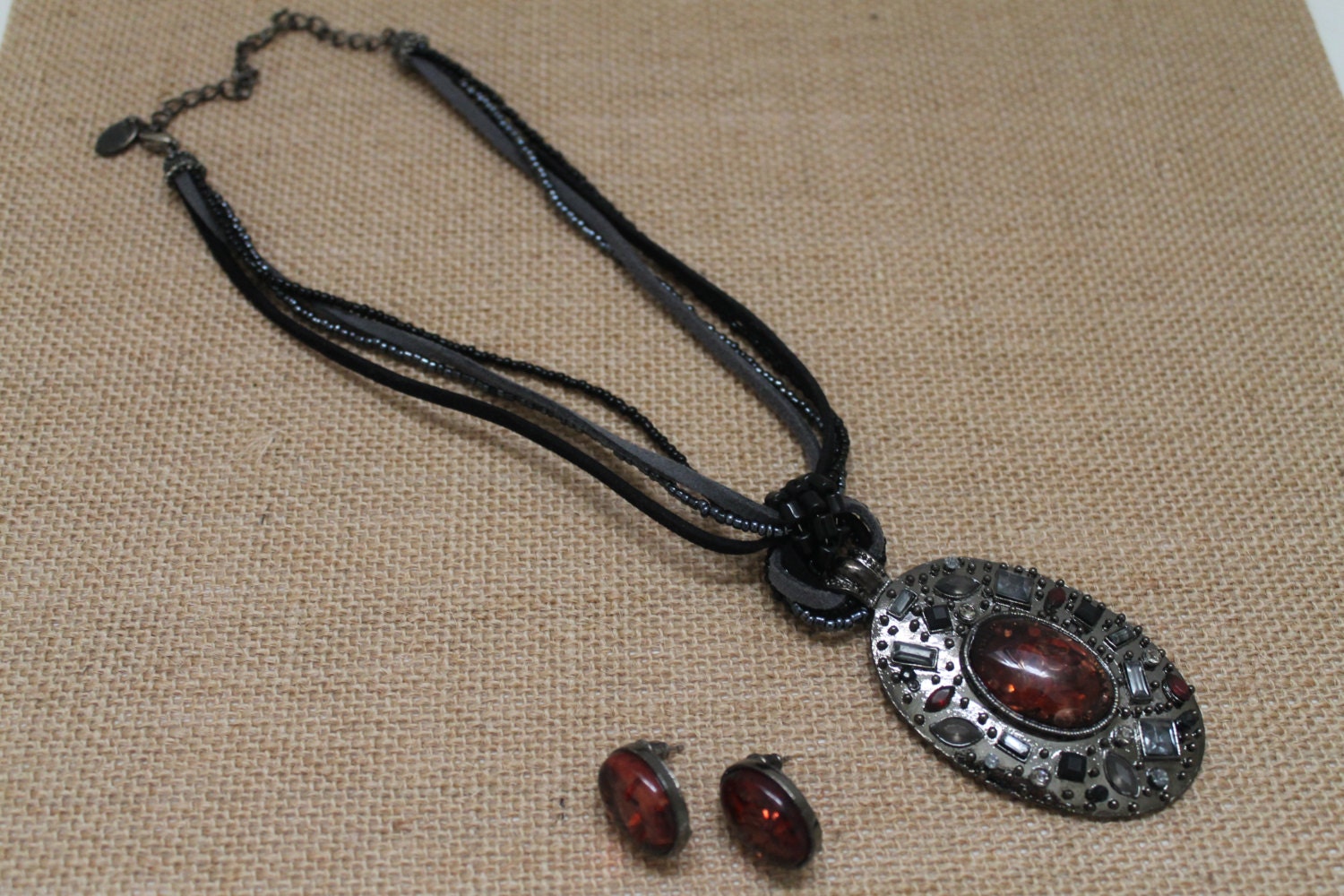 Vintage Brown Stone Silver Beaded Necklace & Earring Set