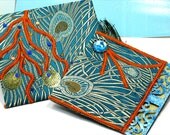 HandMade Card Peacock Blue Silk Fabric Blank Card/Envelope, Peacock Feather, Brass Rose Silk Flower Card, Blue Silk, Orange Feather Ribbon