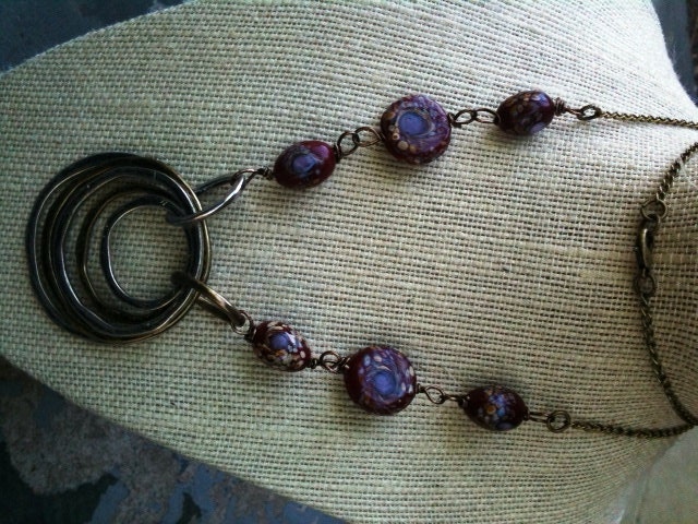 Bohomeian Metal Hammered Circle and Wire Wrapped Beaded Neckalce