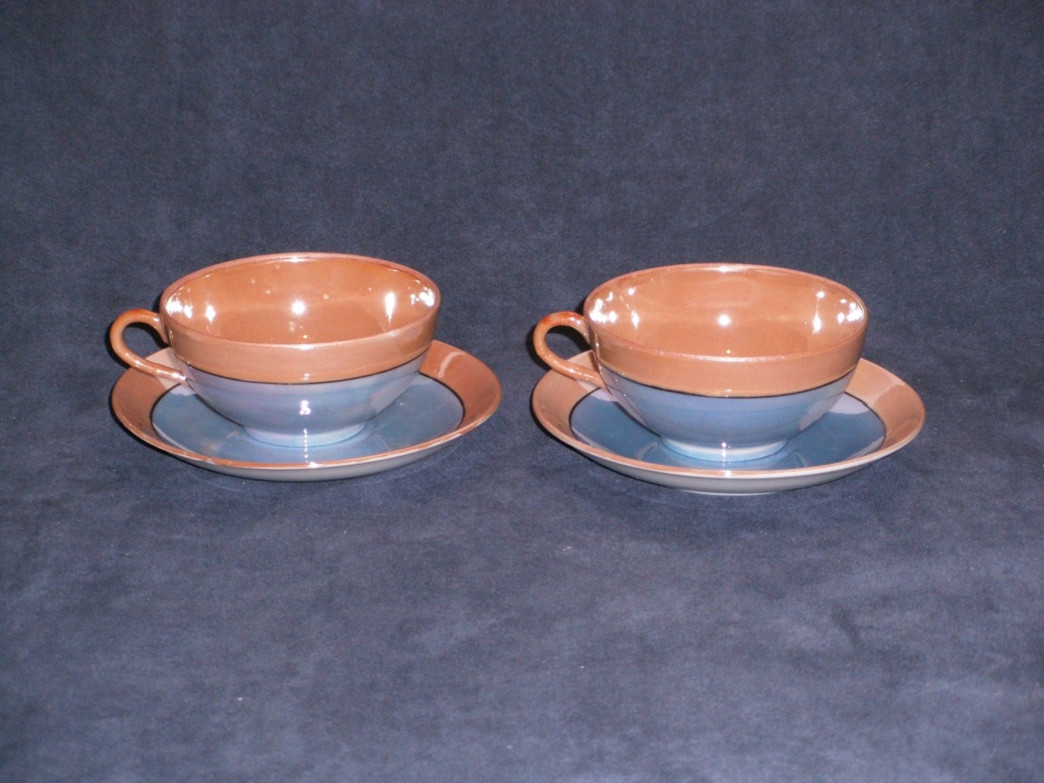 Set of 2 Peach Luster (Lustre) Tea Cups and Saucers,Opalescent Peach and Blue, Handpainted, Shofu, Porcelain