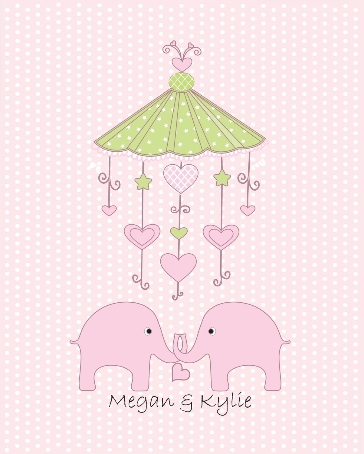 Pink green elephant kids wall art, art for twins, childrens art, whimsical art for sisters, art for babies room, girls room decor