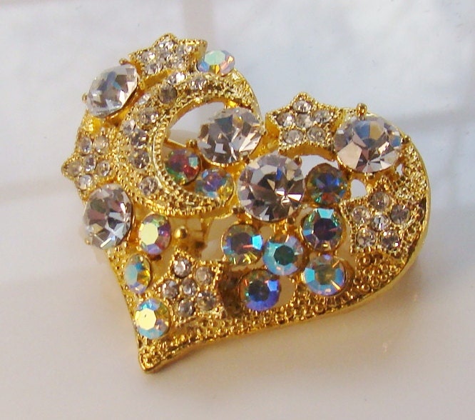 Vintage Brillant Goldtone Heart Brooch - Encrusted with AB crystals - Perfect Bridal Accessory