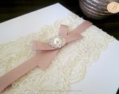 Vintage Lace Wedding Invitation with envelope- IVORY/white/pink ribbon
