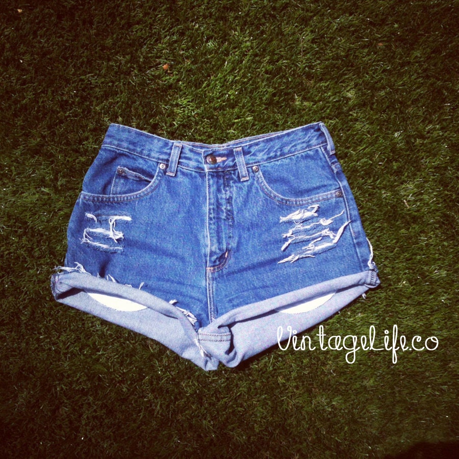 Vintage High Waisted Shorts  Light Distressed Medium Wash Jean Shorts