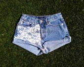 Vintage High Waisted Denim White LACE Panel Jean Shorts