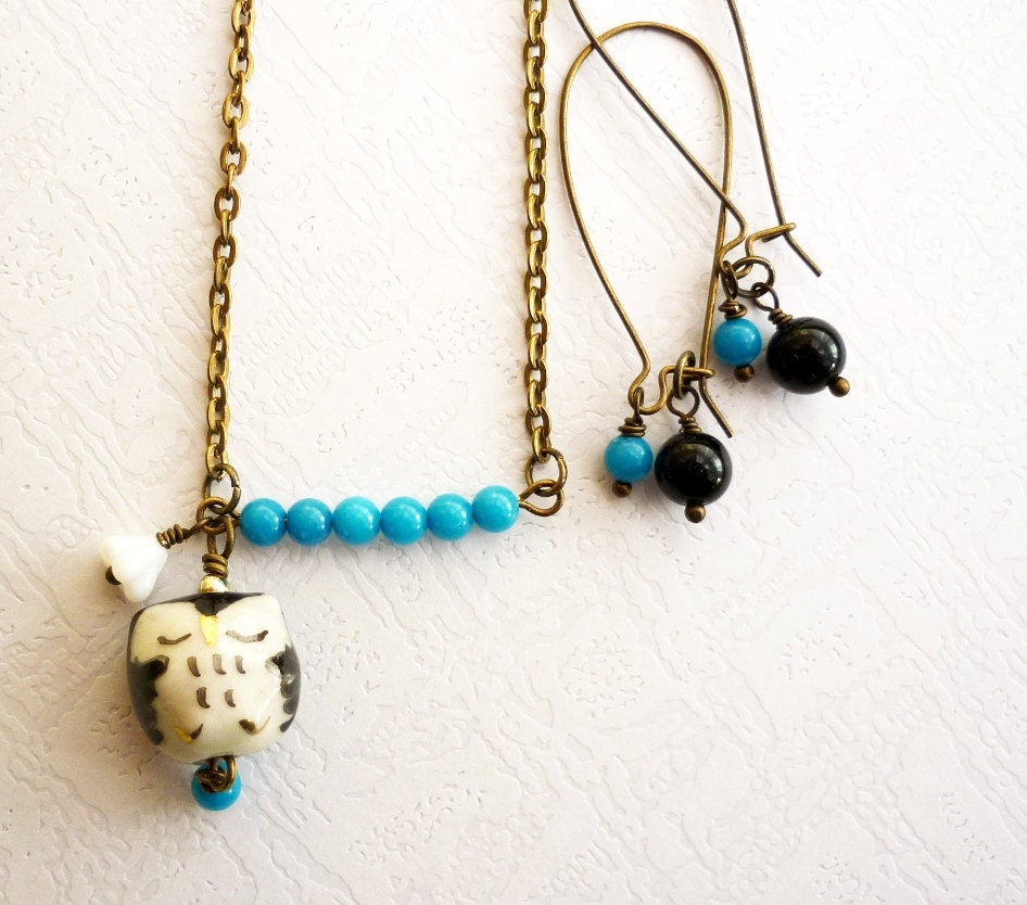 Little Bird of Happiness Boho Wedding Jewelry Set, Owl, Bridesmaid Gift, Wedding, Country Blue & Black Weddings. Free shipping EU, US, CAN