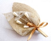 SET of 3 Rustic Wedding Men Accessories, Groom, Boutonniere, Pin, Beige Leafy Groomsman, Country Weddings, White Tulle, Burlap, Shabby Chic
