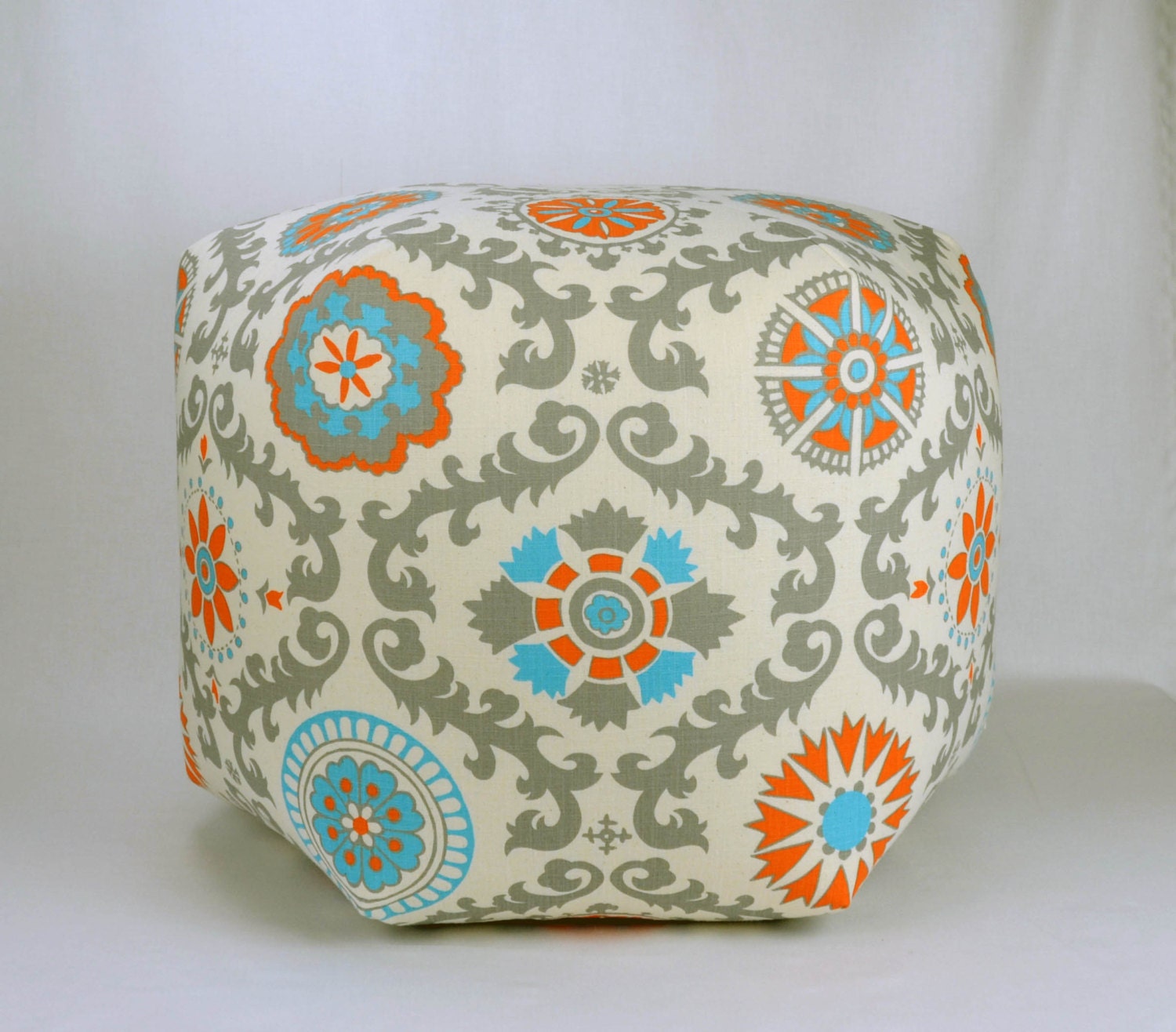 27" Wide By 20" Tall Floor Ottoman Pouf Pillow Mandarin Blue, Teal, Orange, Gray & Natural - Rosa Damask Contemporary Modern Print