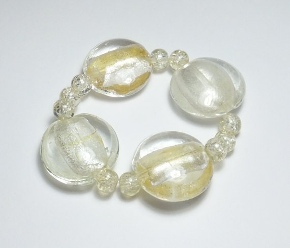 Clear Lampworked Glass with Silver/Yellow Foil Accents Beaded Stretch Bracelet