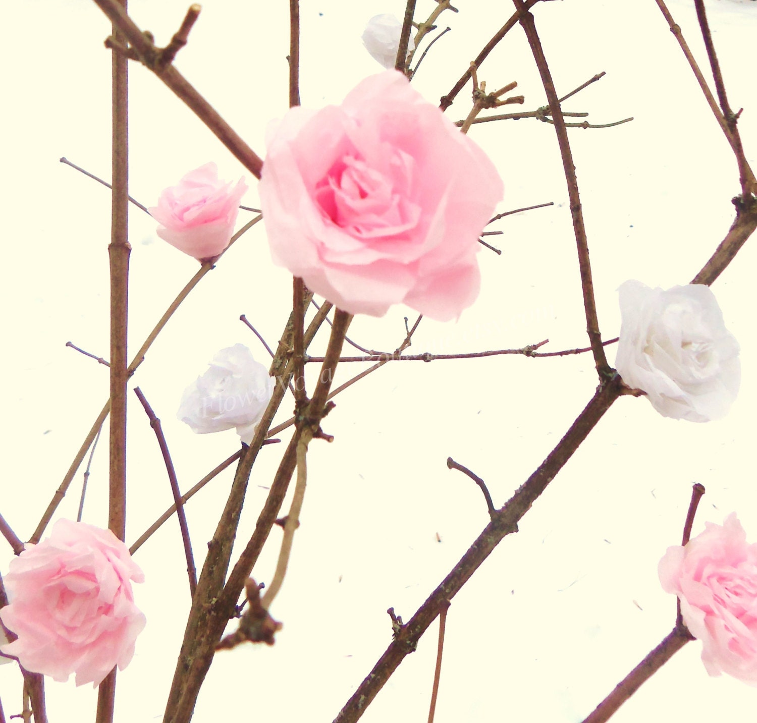 Rustic spring big centerpiece "Girly Dreams" with tree branches and paper flowers. Wedding, shower, house decoration. Handmade. Custom