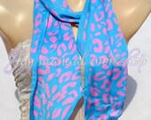 Silk satin scarves, sky blue and pink cashew leopard print scarf, asymmetric scarf, soft and smooth, female decoration accessories