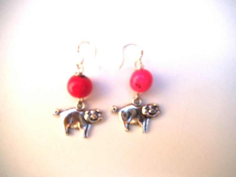 Silver Pigs & Pink Acai Seed Bead Dangle Earrings, Vegan Vegetarian Eco-Friendly. Pretty in Pink