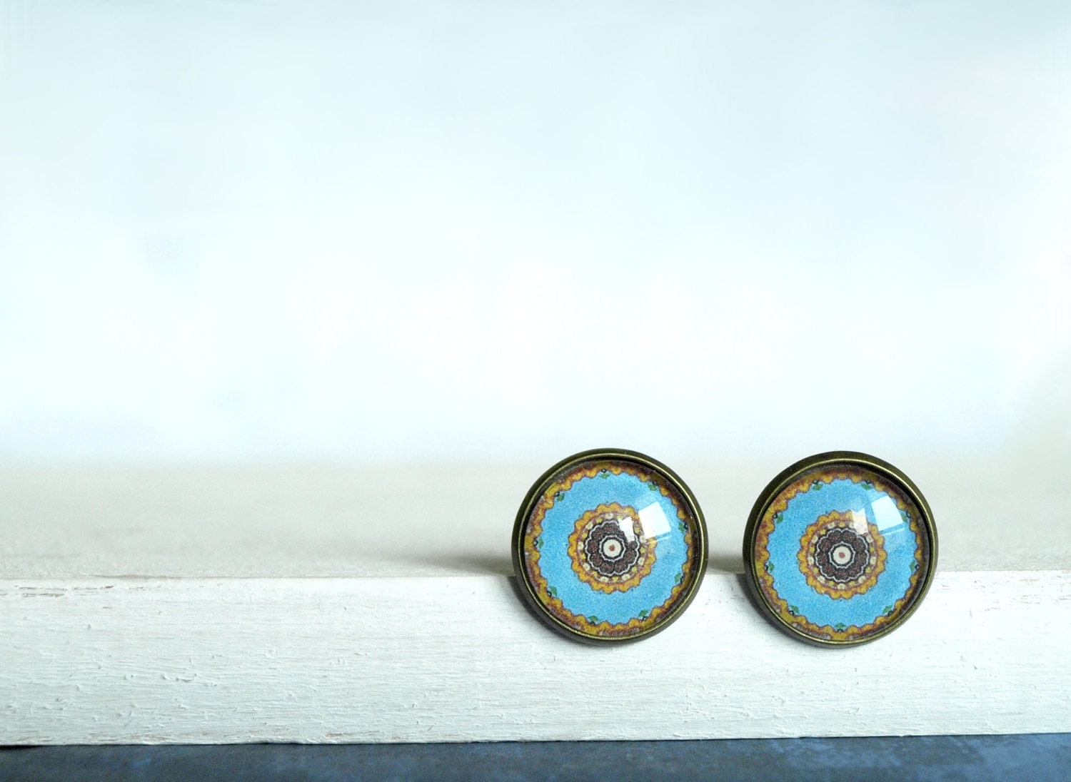 Blue orange Spring Summer  Boho stud- bohemian stud earrings - Country style ear studs earrings - glass cabochon post stud - rosette studs