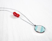 Aqua & Red Coral Necklace - 1940s coral beads light blue geometric fabric charm on delicate sterling silver chain - vintage fabric jewelry