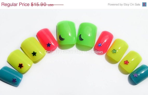SALE Neon Glow in the Dark Fake Nails with Moons and Stars