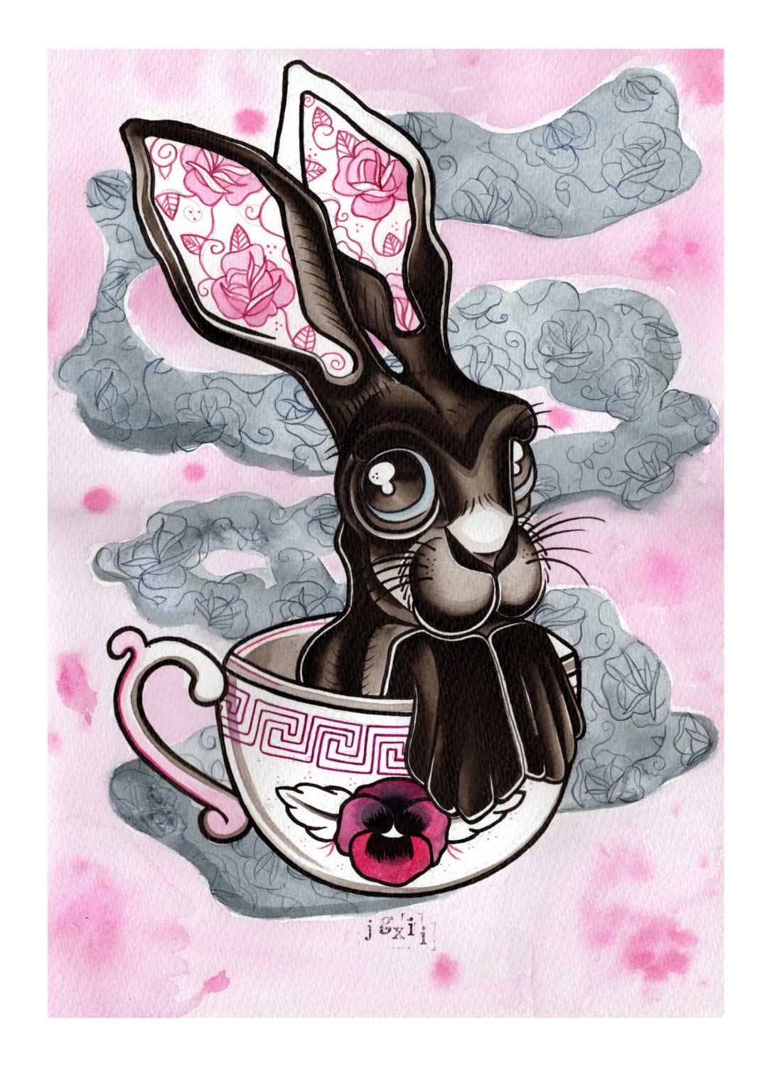 Hare & Tea cup -Tattoo flash / Watercolour A4 Art Print