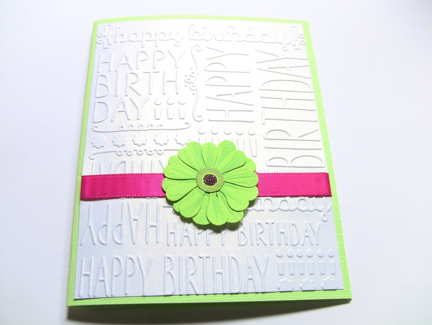 Cheerful Handmade Blank Happy Birthday Card, Pink, Green and White, Birthday Card for Women, Birthday Card for Girls