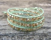 Spring Beaded Leather Wrap Bracelet 3 Wrap with Gold or Silver Polished Czech Glass Beads on Mint Green Leather