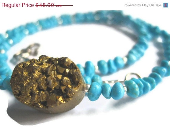33% OFF SALE Gold Druzy, Sleeping Beauty Turquoise, Sterling Silver Necklace - essejewels