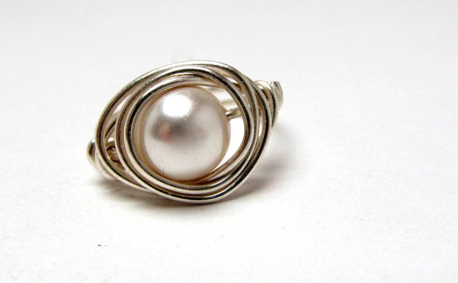 Wire Wrapped Pearl Ring, Sterling Silver Wire Ring, White Swarovski Pearl Ring, Womens Rings, Bridal Jewelry