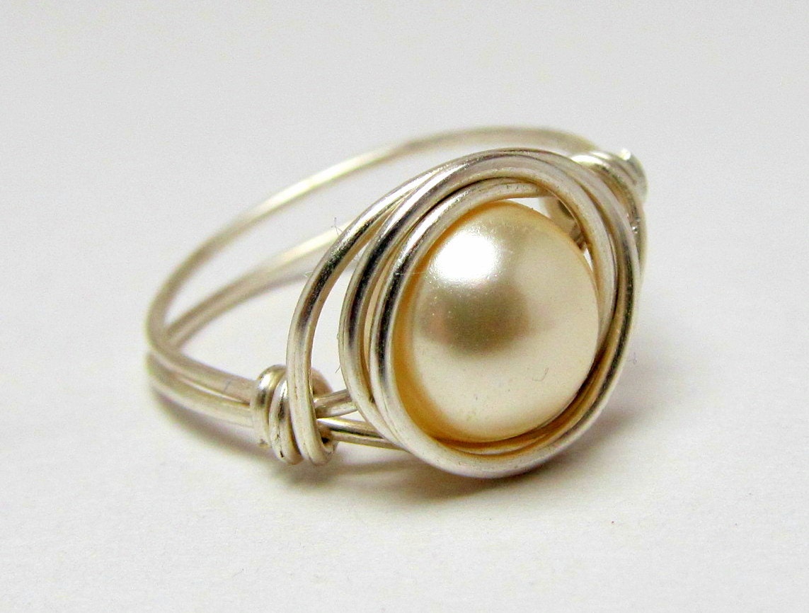 Wrapped Wire Rings, Sterling Silver Pearl Ring, Cream Colored Swarovski Wire Ring, Women's Ring, Bridal Ring, Bridesmaid Gift