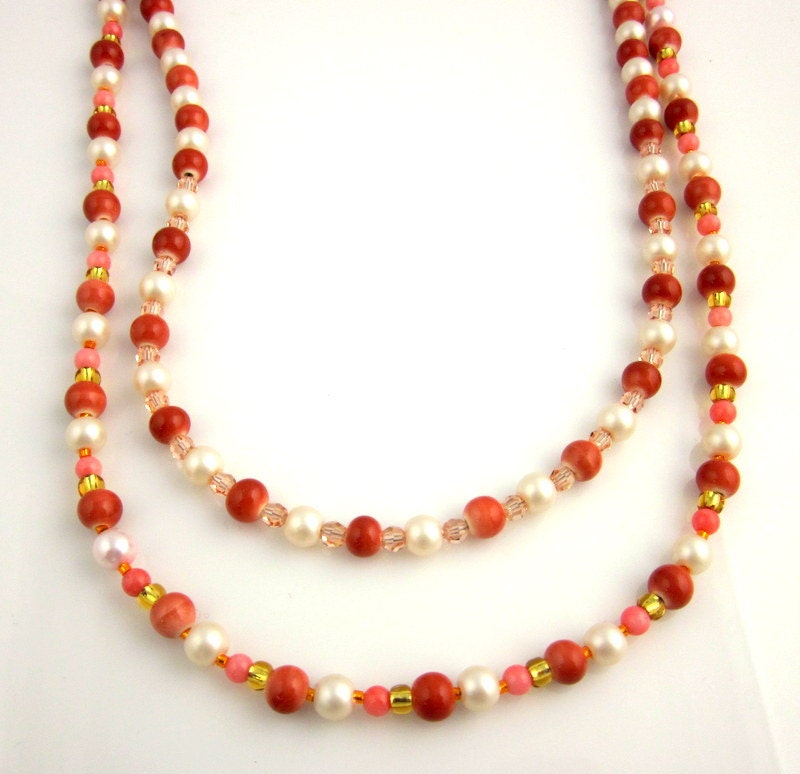 Double Strand Beaded Necklace, Coral Beaded Necklace, Glass Bead Necklace, Beadwork Necklace, Wedding Jewelry, Women's Jewelry