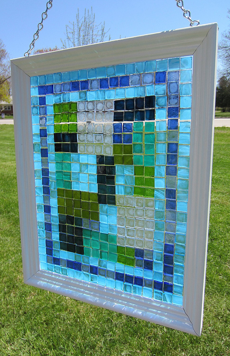 blue turquoise and green mosaic stained glass sun catcher  framed wall art