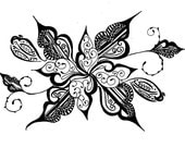 Black and White Art Pen and Ink Flower Design Illustration Signed 5 x 7  Print Home Decor Design Drawing
