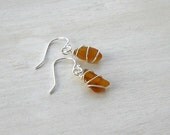 Dangly Sterling Silver Wire Wrapped Honey Amber Brown Beach Glass Sea Glass Earrings