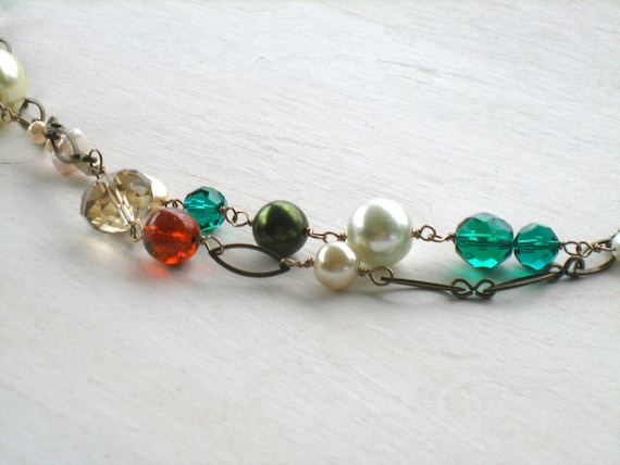 Mara: 1920s Inspired Opera Length Ivory and Bronze Necklace with Teal Swarovski Crystals
