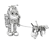 robot walking the dogs,digital print from original black pen drawing, 8x6 inches. - samuellindup