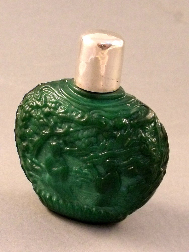 Art Deco Malachite Carved Perfume Bottle Sterling Silver Lid Chinese Figures