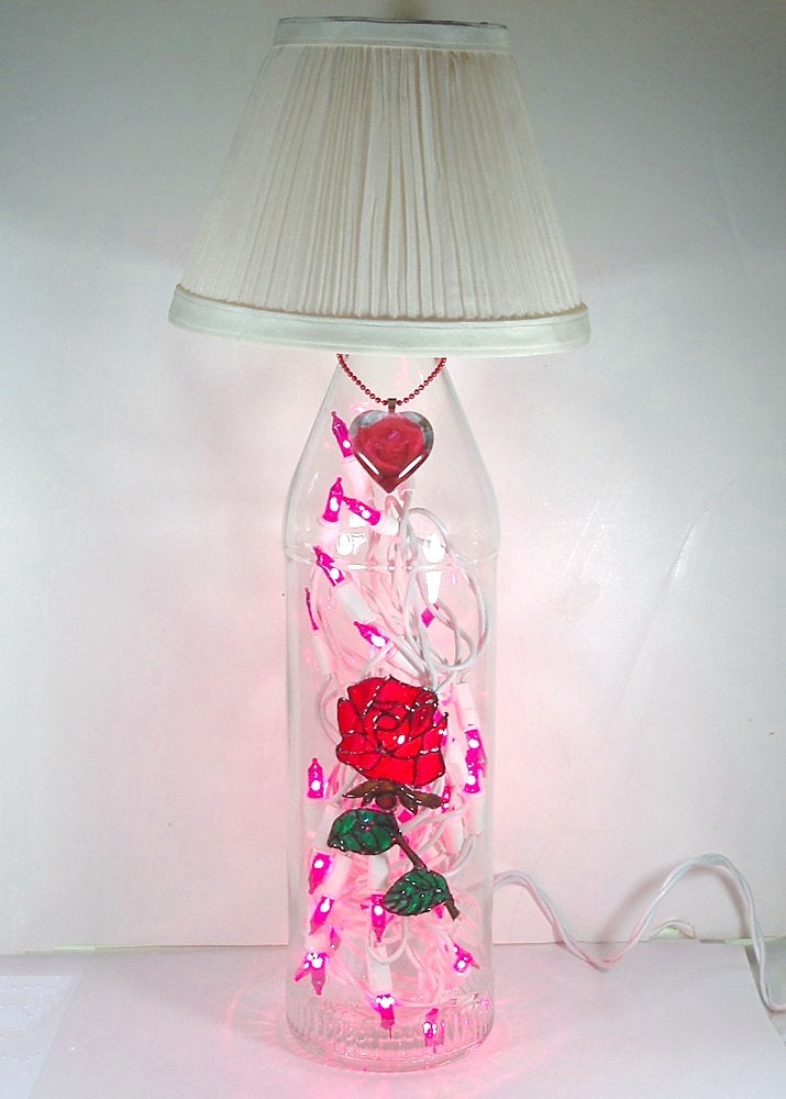 Red Rose Hand Painted Wine Bottle Lamp with Mini Lamp Shade