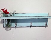 Cottage decor shelf 3 key hooks with floral vase, coat hooks, home organizer, shabby chic, home decor,  painted Baby Blue