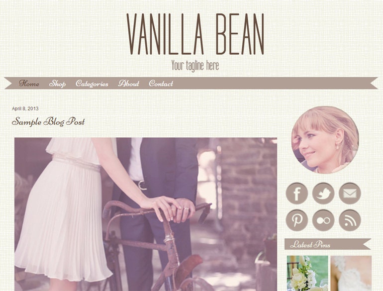 Premade Blogger Template Design - Vanilla Bean - textured background, brown/tan blog, ribbon nav