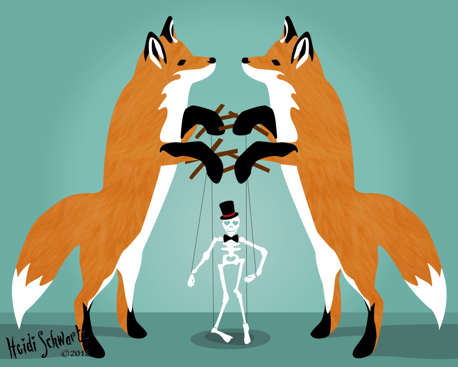 Two Foxes Control a Classy Skeleton Marionette Puppet. Vector 8"x10" Print.
