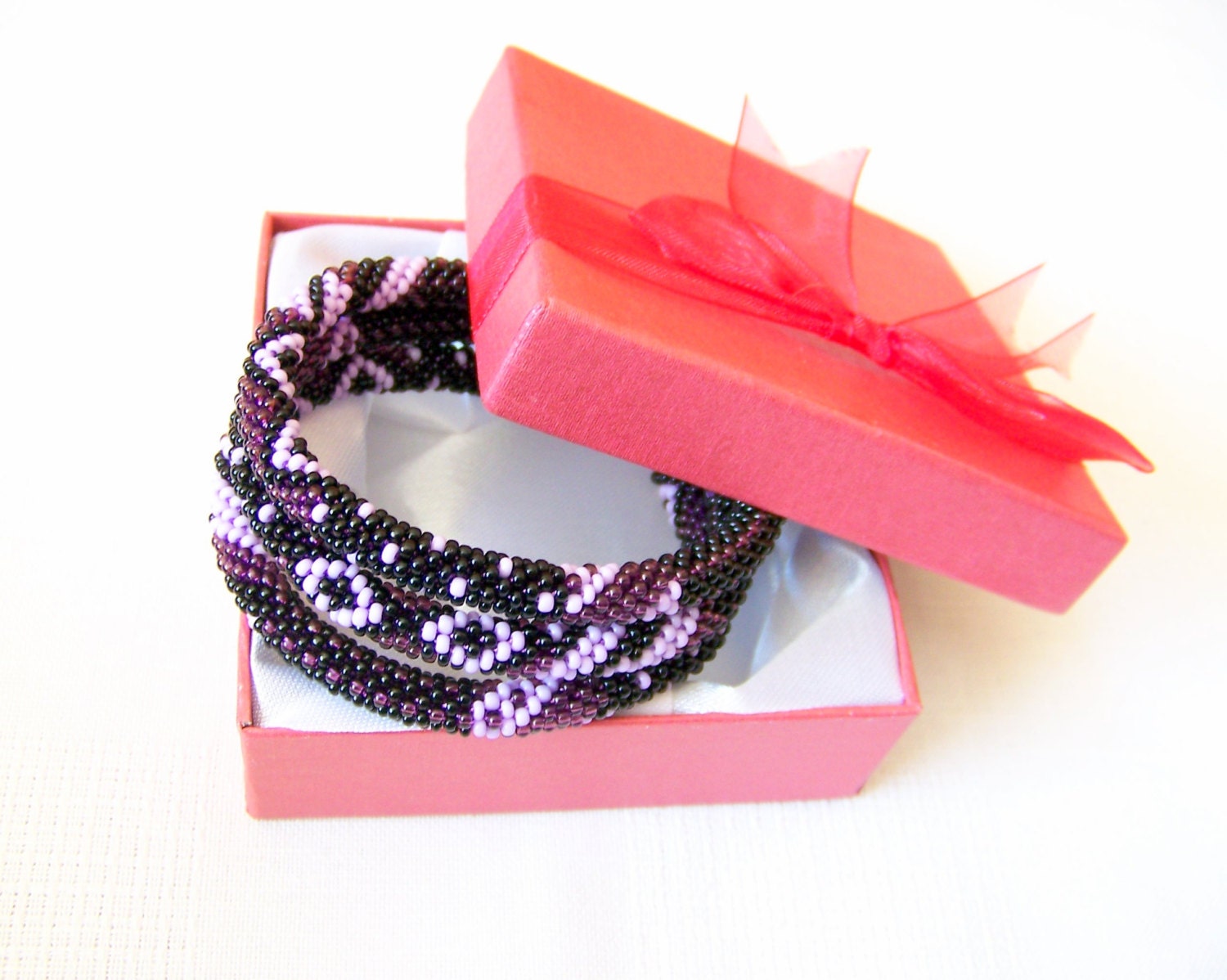SALE - Beadwork - 3 Strand Bead Crochet Rope Bracelet in black, purple and lilac  - beaded jewelry - seed beads bracelet